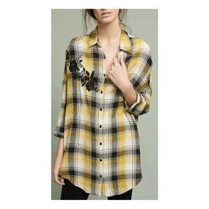 Maeve Anthropologie XS/Small Yellow Plaid Embroidered Oversized Boho Western